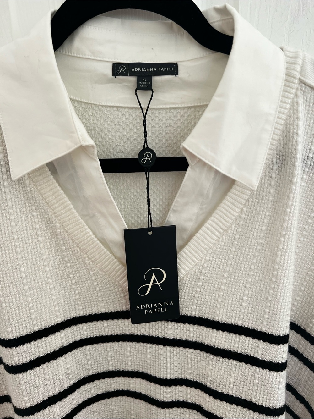 Adrianna Papell White V-Neck Layered Sweater with Black Stripes - Picture 8 of 14